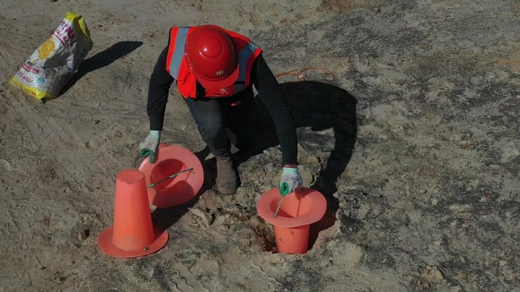 A construction worker placing or inspecting a red safety blasting cone in a mining area.