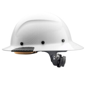Side view of the DAX White Carbon full brim Gloss hard hat showing the brow pad and ratcheting dial.