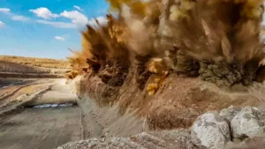 A controlled blast detonating along a bench in an open-pit mine, sending rock and dust into the air above the quarry face.